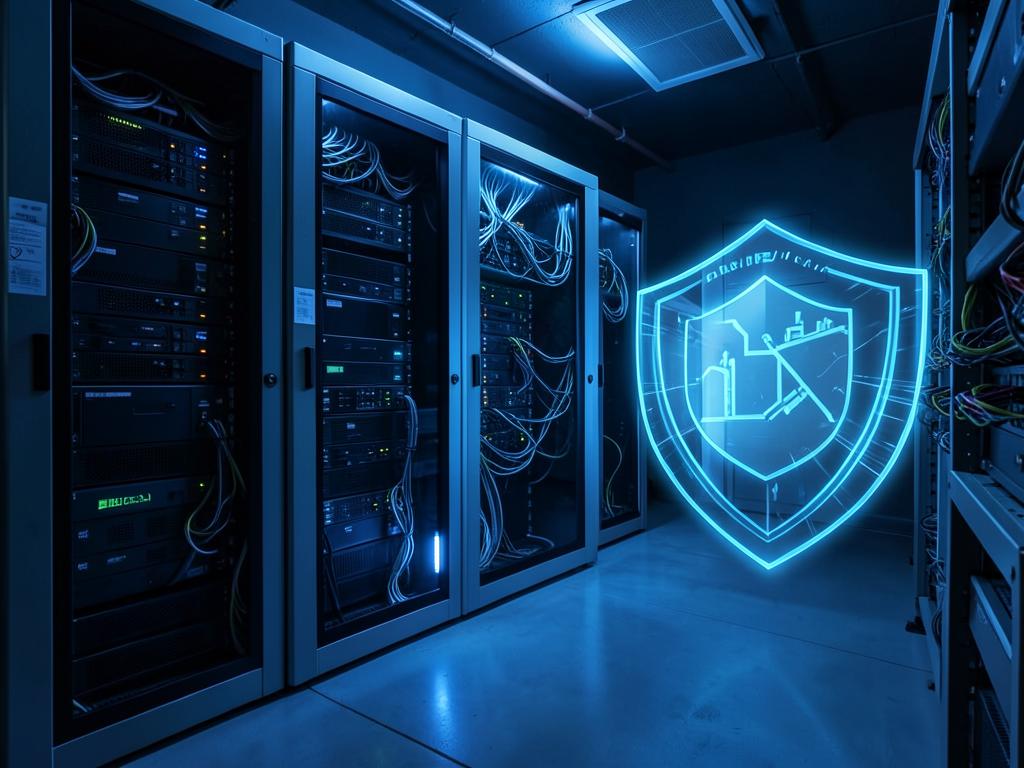 Server room with a glowing cybersecurity shield